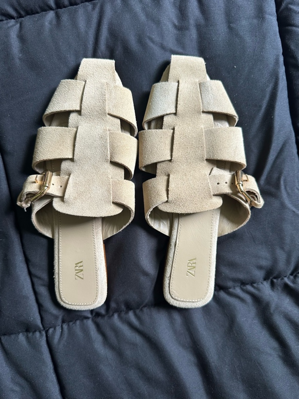 Zara Beige Suede Woven Slide Mules with Gold Buckle